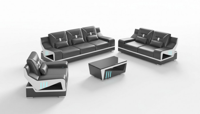 Luksusowy zestaw sofowy Kompletny zestaw wypoczynkowy Czarna sztuczna skóra Sofa 321