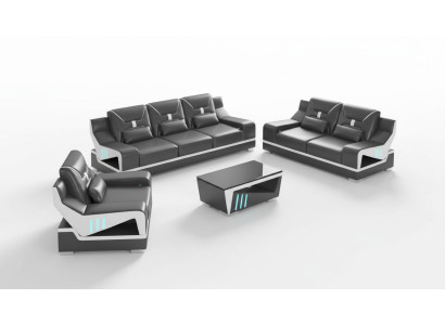 Luksusowy zestaw sofowy Kompletny zestaw wypoczynkowy Czarna sztuczna skóra Sofa 321