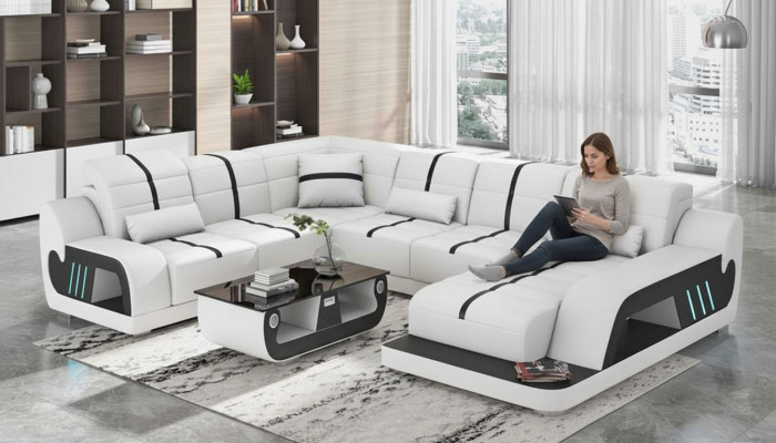 Nowoczesna sofa Żywy krajobraz U kształt Narożnikowa kanapa designerska sofa Biały sztuczna skóra