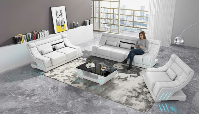 Zestaw sofowy luksusowy komplet wypoczynkowy Biały sztuczna skóra sofa 321
