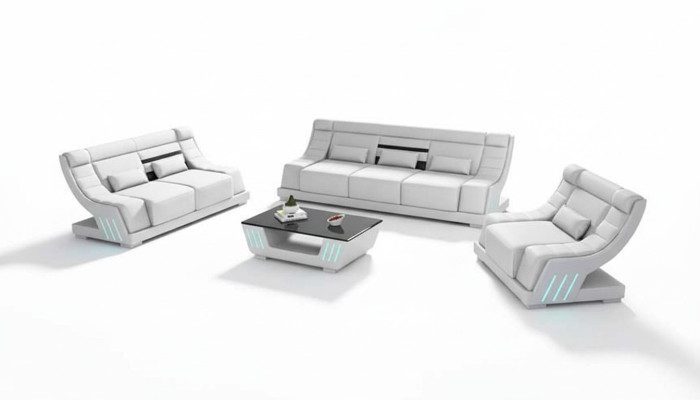 Zestaw sofowy luksusowy komplet wypoczynkowy Biały sztuczna skóra sofa 321