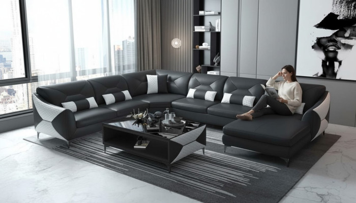 Duży Żywy krajobraz Sofa U Shape Narożnikowa kanapa Skórzana sofa Czarna sztuczna skóra