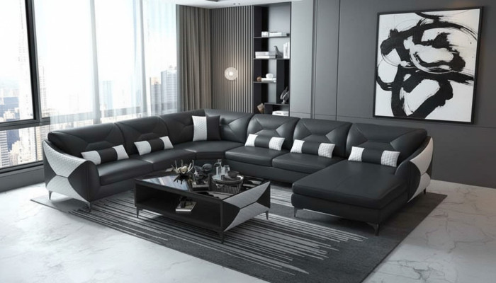 Duży Żywy krajobraz Sofa U Shape Narożnikowa kanapa Skórzana sofa Czarna sztuczna skóra