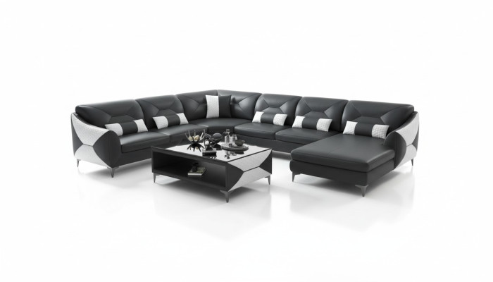 Duży Żywy krajobraz Sofa U Shape Narożnikowa kanapa Skórzana sofa Czarna sztuczna skóra