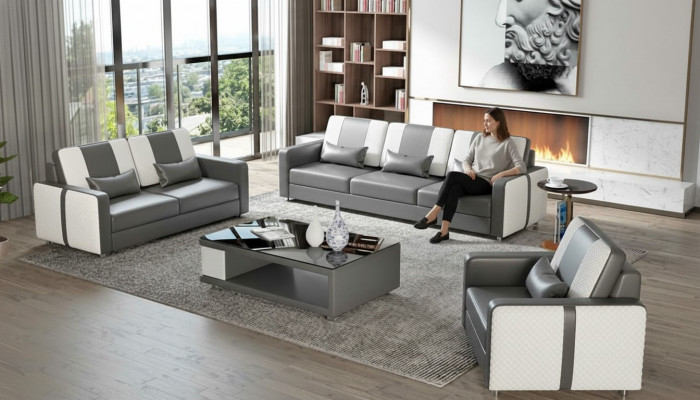 Kompletna sofa Zestaw sofowy luksusowy komplet wypoczynkowy szara sztuczna skóra 321