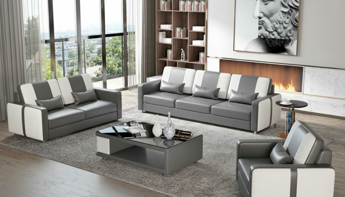 Kompletna sofa Zestaw sofowy luksusowy komplet wypoczynkowy szara sztuczna skóra 321