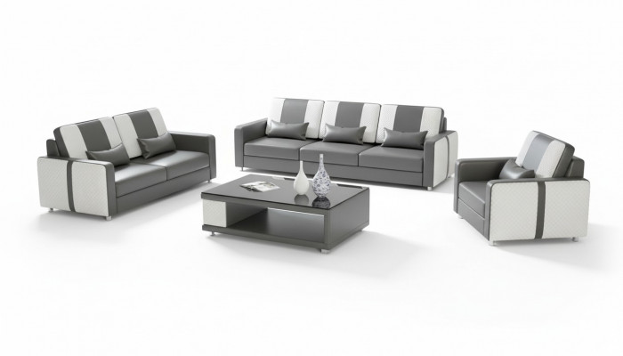 Kompletna sofa Zestaw sofowy luksusowy komplet wypoczynkowy szara sztuczna skóra 321
