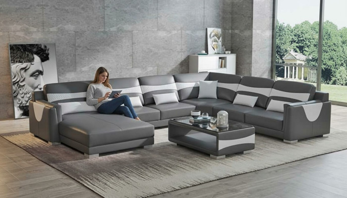 Żywy krajobraz Sofa U Shape Duża Narożnikowa kanapa Sofa Skórzana Szara sztuczna skóra Nowość