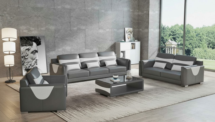Zestaw sofowy luksusowy komplet wypoczynkowy szara sztuczna skóra sofa 321