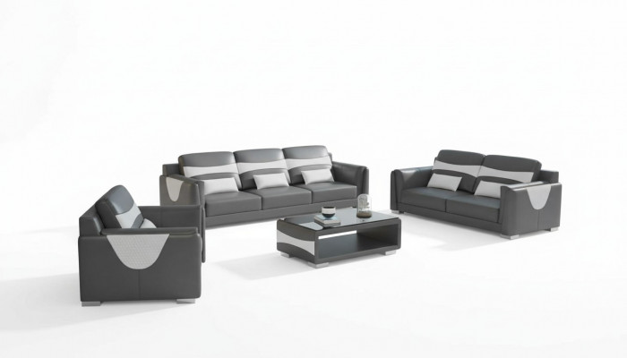 Zestaw sofowy luksusowy komplet wypoczynkowy szara sztuczna skóra sofa 321