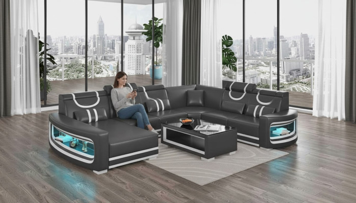 Żywy krajobraz Kanapy Sofa skórzana Narożnikowa kanapa U Shape Czarna Sofa Duża Nowość