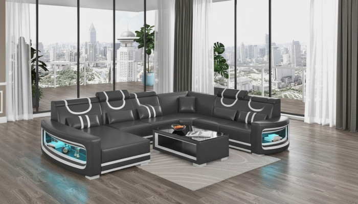 Żywy krajobraz Kanapy Sofa skórzana Narożnikowa kanapa U Shape Czarna Sofa Duża Nowość