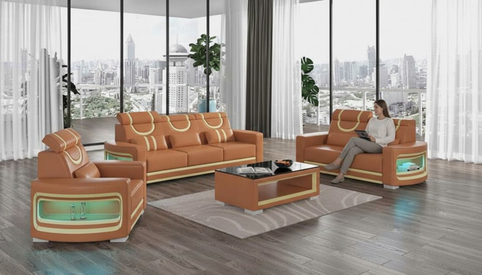 Zestaw sofowy luksusowy komplet wypoczynkowy brązowa sztuczna skóra sofa 321