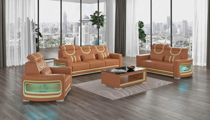 Zestaw sofowy luksusowy komplet wypoczynkowy brązowa sztuczna skóra sofa 321