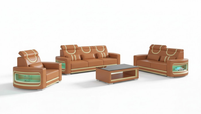 Zestaw sofowy luksusowy komplet wypoczynkowy brązowa sztuczna skóra sofa 321
