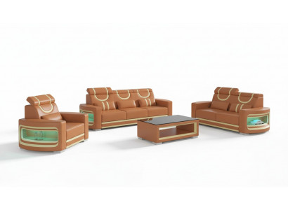 Zestaw sofowy luksusowy komplet wypoczynkowy brązowa sztuczna skóra sofa 321