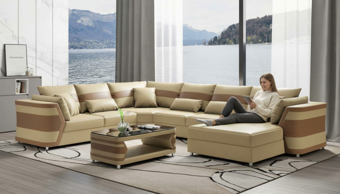 Żywy krajobraz xxl Sofa U Shape Duży Narożnikowa kanapa Sofa Skórzana Sofy Beżowe Kanapy