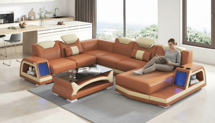 Narożnikowa kanapa Nowoczesna Żywy krajobraz Sofa U Shape Duża skórzana sofa Brązowe sofy
