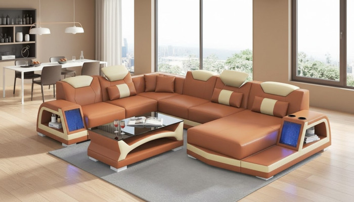 Narożnikowa kanapa Nowoczesna Żywy krajobraz Sofa U Shape Duża skórzana sofa Brązowe sofy