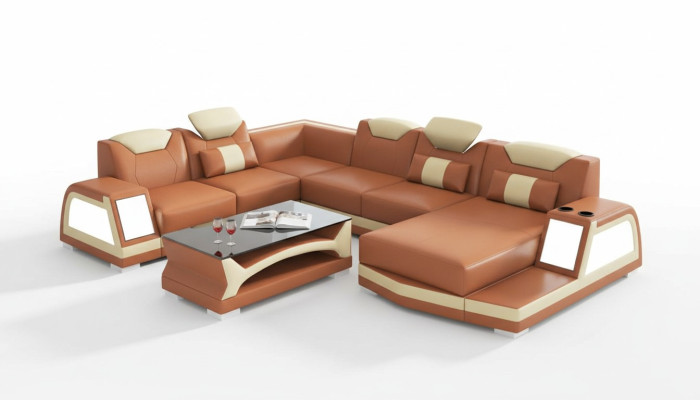 Narożnikowa kanapa Nowoczesna Żywy krajobraz Sofa U Shape Duża skórzana sofa Brązowe sofy