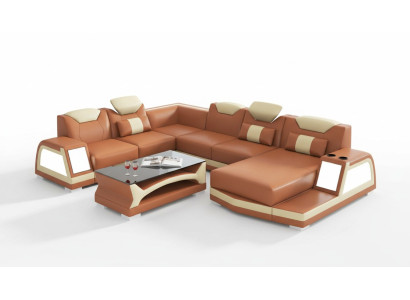 Narożnikowa kanapa Nowoczesna Żywy krajobraz Sofa U Shape Duża skórzana sofa Brązowe sofy