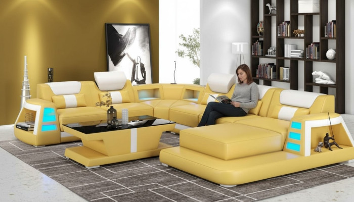Kanapa Współczesna Narożnikowa kanapa U Shape Yellow Żywy krajobraz Skórzana Sofa Sofa