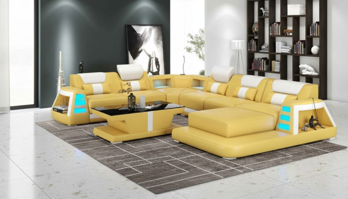 Kanapa Współczesna Narożnikowa kanapa U Shape Yellow Żywy krajobraz Skórzana Sofa Sofa
