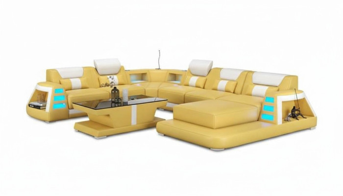 Kanapa Współczesna Narożnikowa kanapa U Shape Yellow Żywy krajobraz Skórzana Sofa Sofa