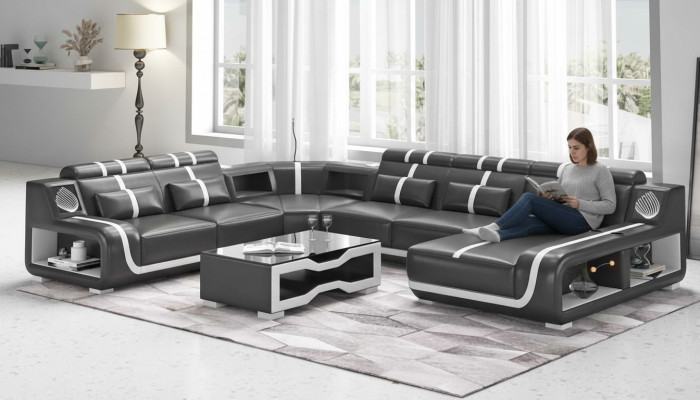 Żywy krajobraz XXL Sofa U Shape Duża Narożnikowa kanapa Skórzana Sofa Czarne Sofy