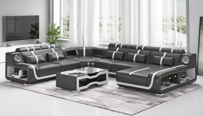Żywy krajobraz XXL Sofa U Shape Duża Narożnikowa kanapa Skórzana Sofa Czarne Sofy