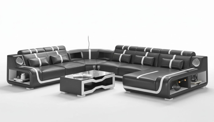 Żywy krajobraz XXL Sofa U Shape Duża Narożnikowa kanapa Skórzana Sofa Czarne Sofy