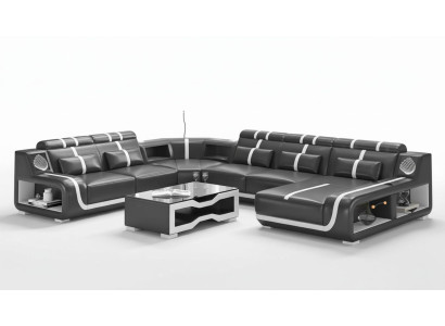 Żywy krajobraz XXL Sofa U Shape Duża Narożnikowa kanapa Skórzana Sofa Czarne Sofy