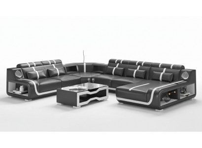 Żywy krajobraz XXL Sofa U Shape Duża Narożnikowa kanapa Skórzana Sofa Czarne Sofy