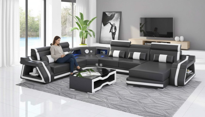 Duża Narożnikowa kanapa Żywy krajobraz XXL Sofa Skórzana Sofa U Shape Czarne Sofy