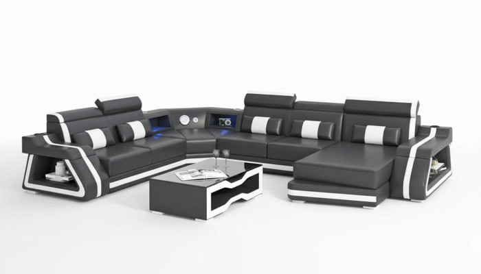 Duża Narożnikowa kanapa Żywy krajobraz XXL Sofa Skórzana Sofa U Shape Czarne Sofy