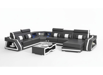 Duża Narożnikowa kanapa Żywy krajobraz XXL Sofa Skórzana Sofa U Shape Czarne Sofy