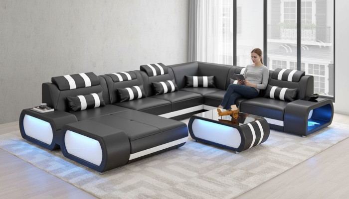 Nowoczesna sofa XXL w kształcie litery U Duża narożnikowa kanapa skórzana Czarna sztuczna skóra