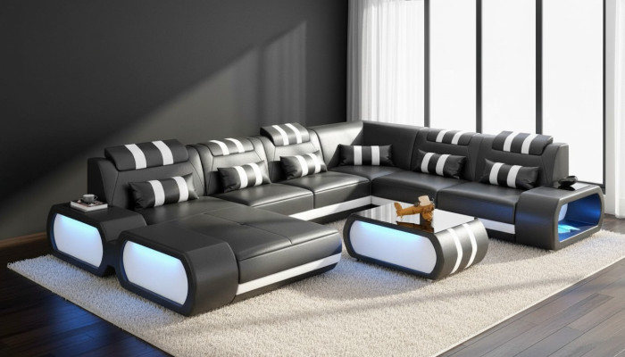 Nowoczesna sofa XXL w kształcie litery U Duża narożnikowa kanapa skórzana Czarna sztuczna skóra