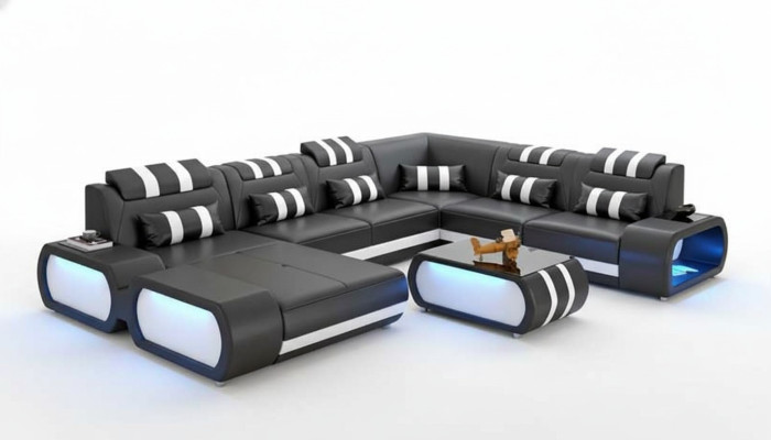 Nowoczesna sofa XXL w kształcie litery U Duża narożnikowa kanapa skórzana Czarna sztuczna skóra