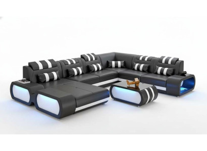 Nowoczesna sofa XXL w kształcie litery U Duża narożnikowa kanapa skórzana Czarna sztuczna skóra