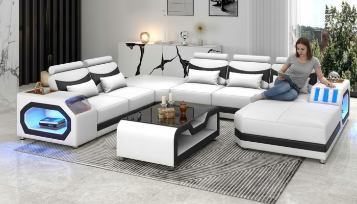 Żywy krajobraz Duża sofa XXL w kształcie litery U Narożnikowa kanapa skórzana sofa Biały Sofy