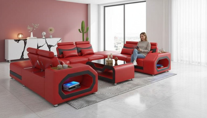 Design Żywy krajobraz Duża sofa XXL w kształcie litery U Narożnikowa kanapa skórzana sofa Czerwony LED
