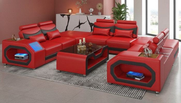 Design Żywy krajobraz Duża sofa XXL w kształcie litery U Narożnikowa kanapa skórzana sofa Czerwony LED
