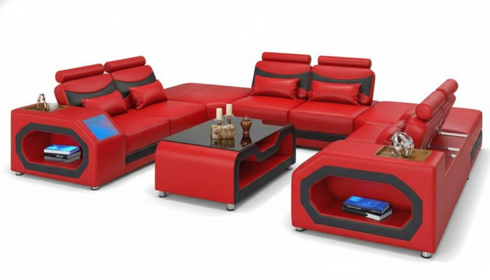 Design Żywy krajobraz Duża sofa XXL w kształcie litery U Narożnikowa kanapa skórzana sofa Czerwony LED