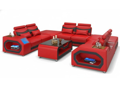 Design Żywy krajobraz Duża sofa XXL w kształcie litery U Narożnikowa kanapa skórzana sofa Czerwony LED