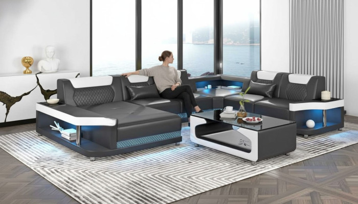 Duża sofa Żywy krajobraz LED XXL U kształt Narożnikowa kanapa skórzana sofa Czarny