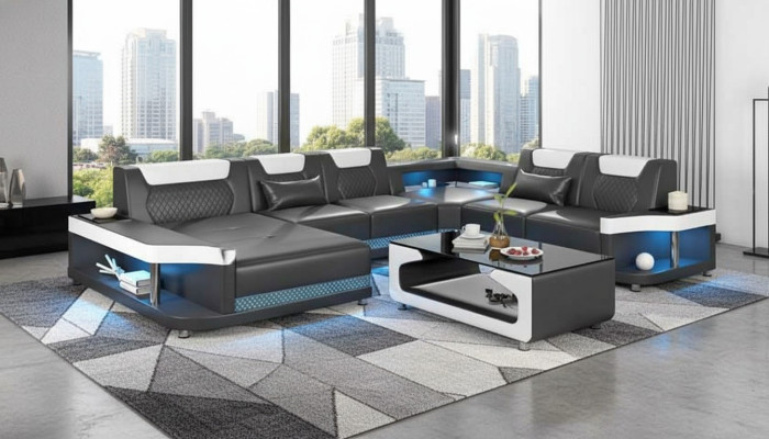 Duża sofa Żywy krajobraz LED XXL U kształt Narożnikowa kanapa skórzana sofa Czarny