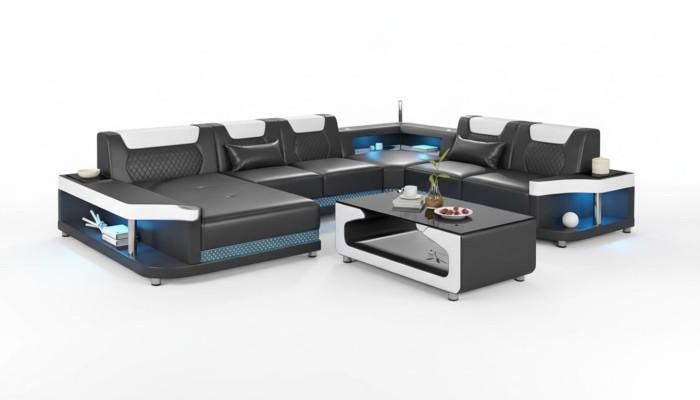 Duża sofa Żywy krajobraz LED XXL U kształt Narożnikowa kanapa skórzana sofa Czarny