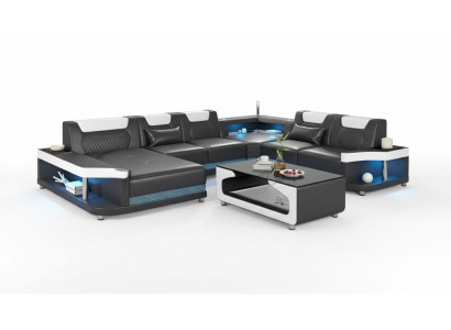 Duża sofa Żywy krajobraz LED XXL U kształt Narożnikowa kanapa skórzana sofa Czarny