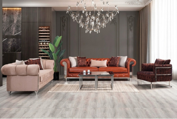 Chesterfield Zestaw sofowy trzyosobowy brązowy zestaw sof tapicerowanych